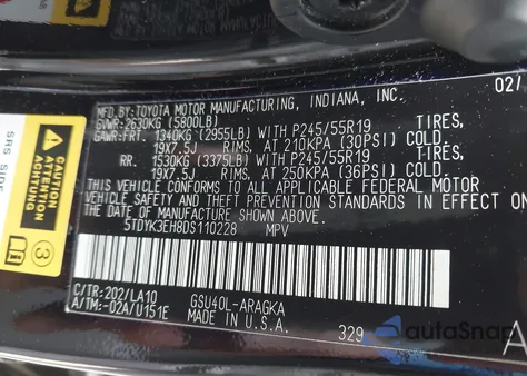 2013 Toyota Highlander Limited V6 z USA, uszkodzony, nr VIN 5TDYK3EH8DS110228